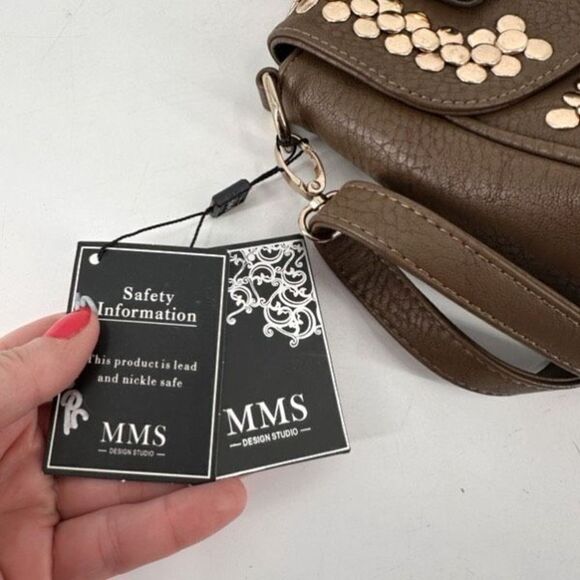NWT MMS Design Studio Brown & Gold Studded vegan leather Crossbody shoulder Bag - Picture 11 of 15